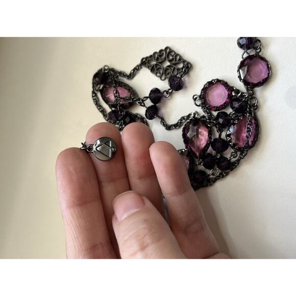 Liz Claiborne Purple Glass Bead Station Gunmetal Chain Necklace 40” Long - Picture 5 of 7